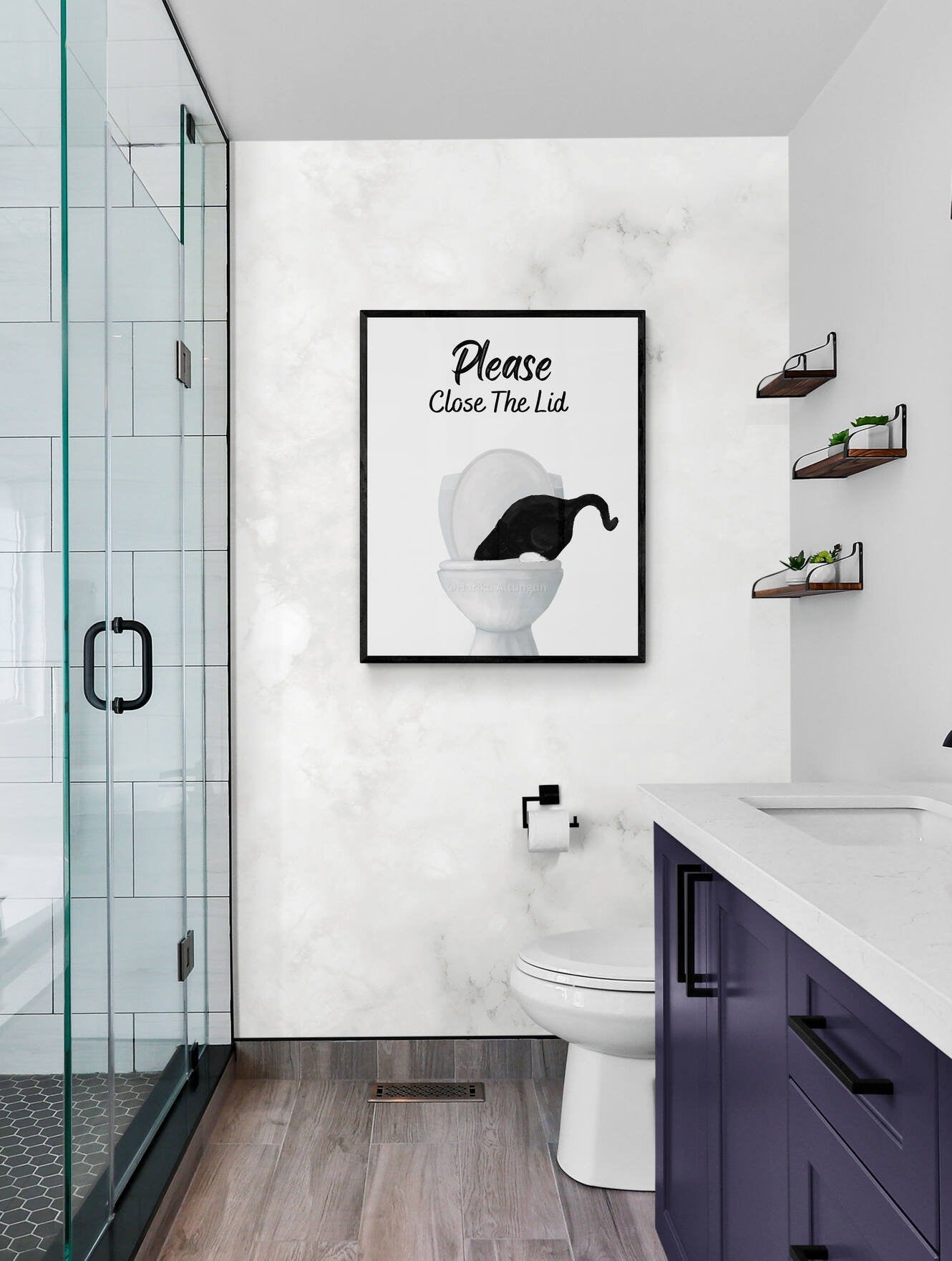 Tuxedo Cat Drinking Water From Toilet Sign, Cute Tuxedo Cat Print, Bathroom Decor, Cat Painting, Kitty Licking Water From Toilet Art - MerikaArt