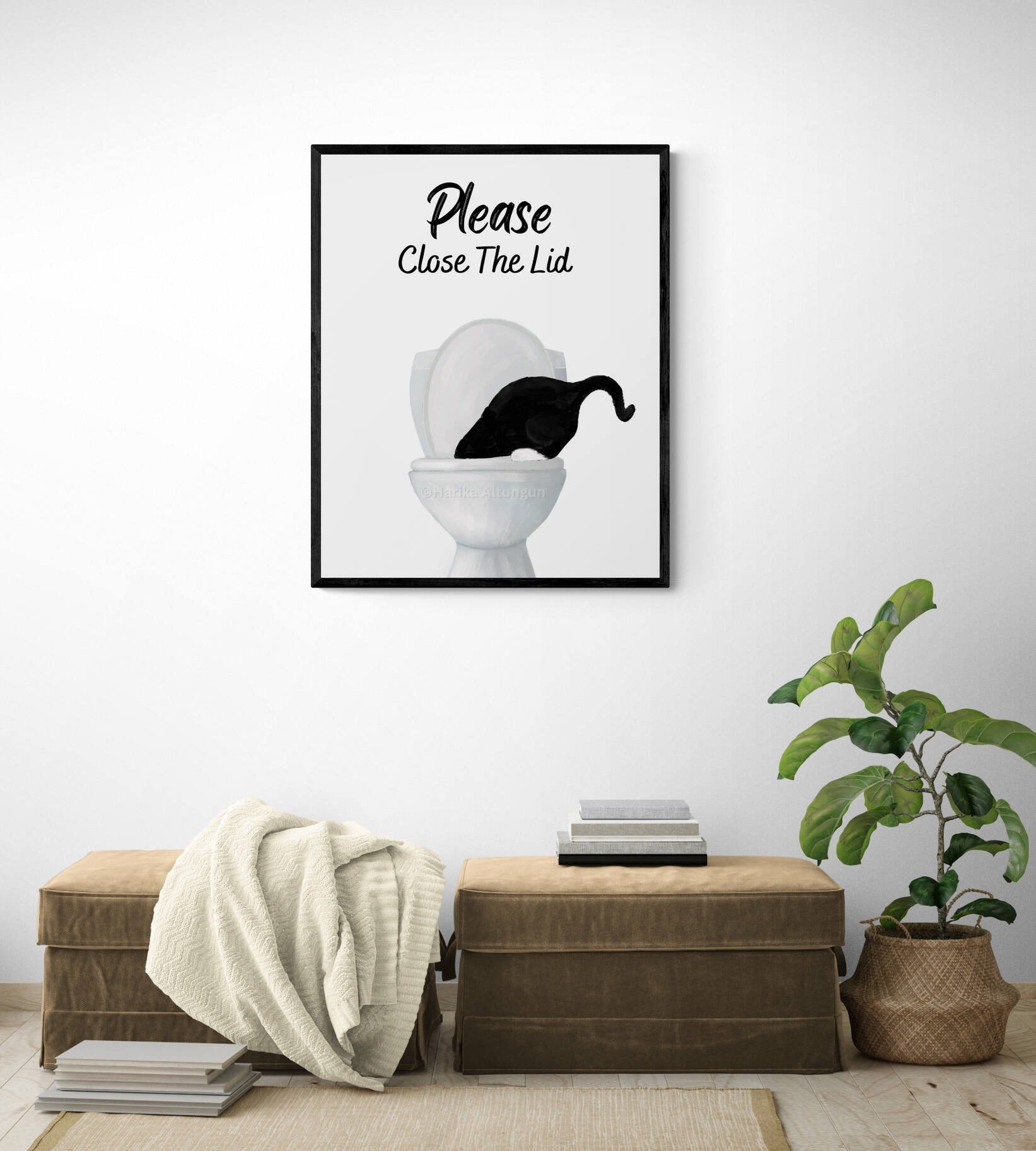 Tuxedo Cat Drinking Water From Toilet Sign, Cute Tuxedo Cat Print, Bathroom Decor, Cat Painting, Kitty Licking Water From Toilet Art - MerikaArt