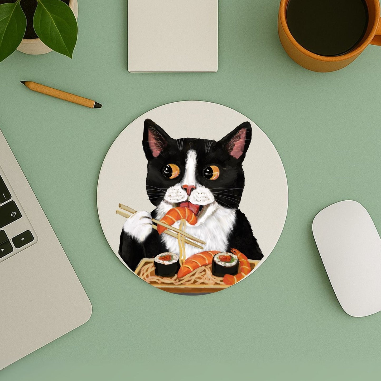 Tuxedo Cat Eating Sushi Mousepad - MerikaArt