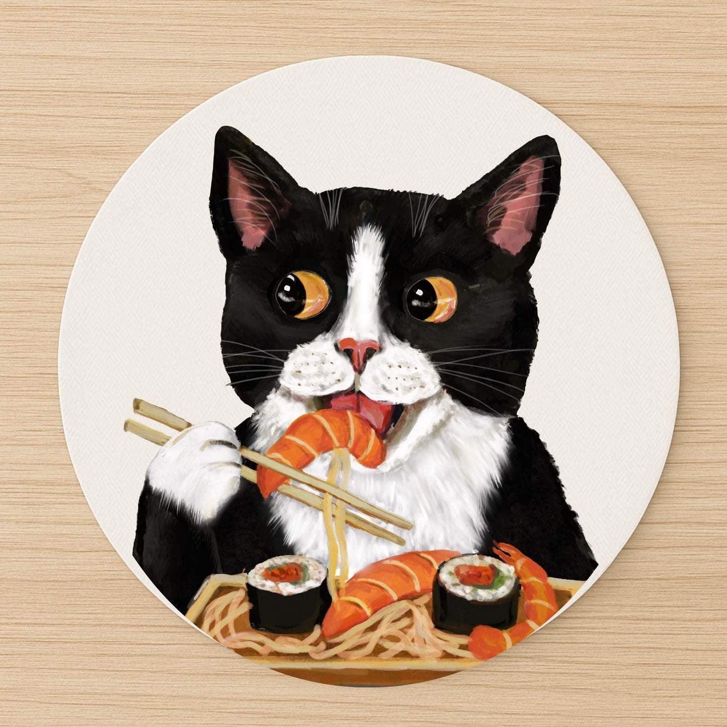 Tuxedo Cat Eating Sushi Mousepad - MerikaArt