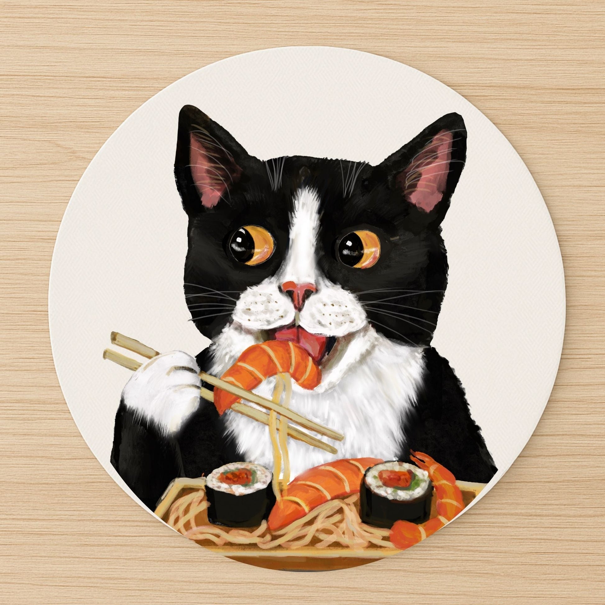 Tuxedo Cat Eating Sushi Mousepad - MerikaArt