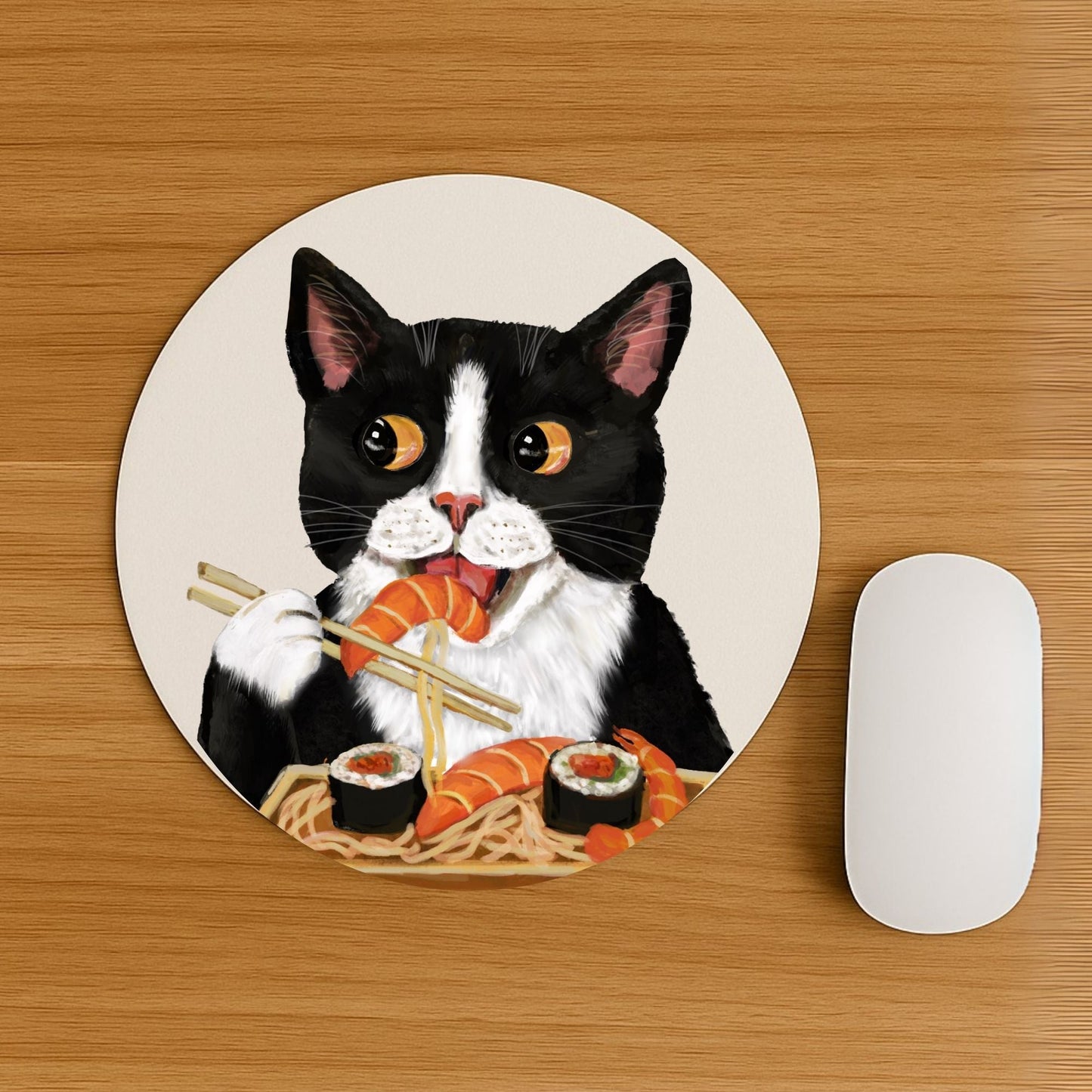 Tuxedo Cat Eating Sushi Mousepad - MerikaArt