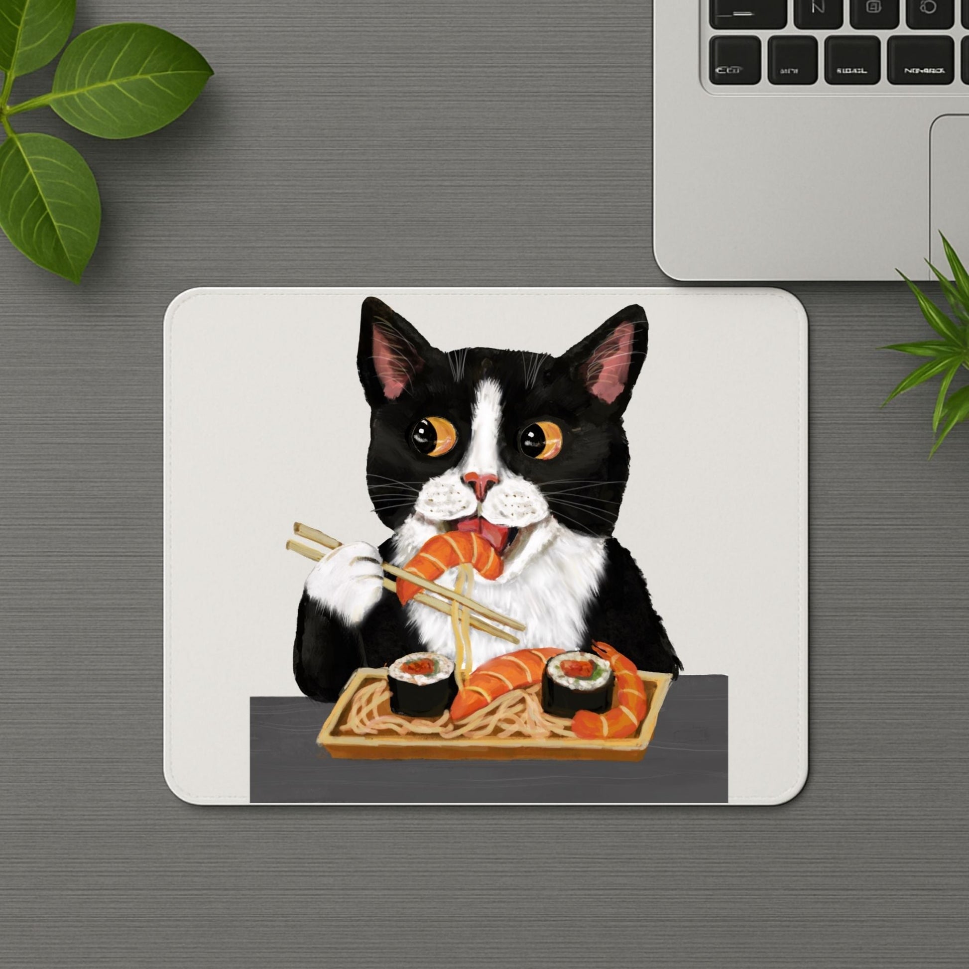 Tuxedo Cat Eating Sushi Mousepad - MerikaArt