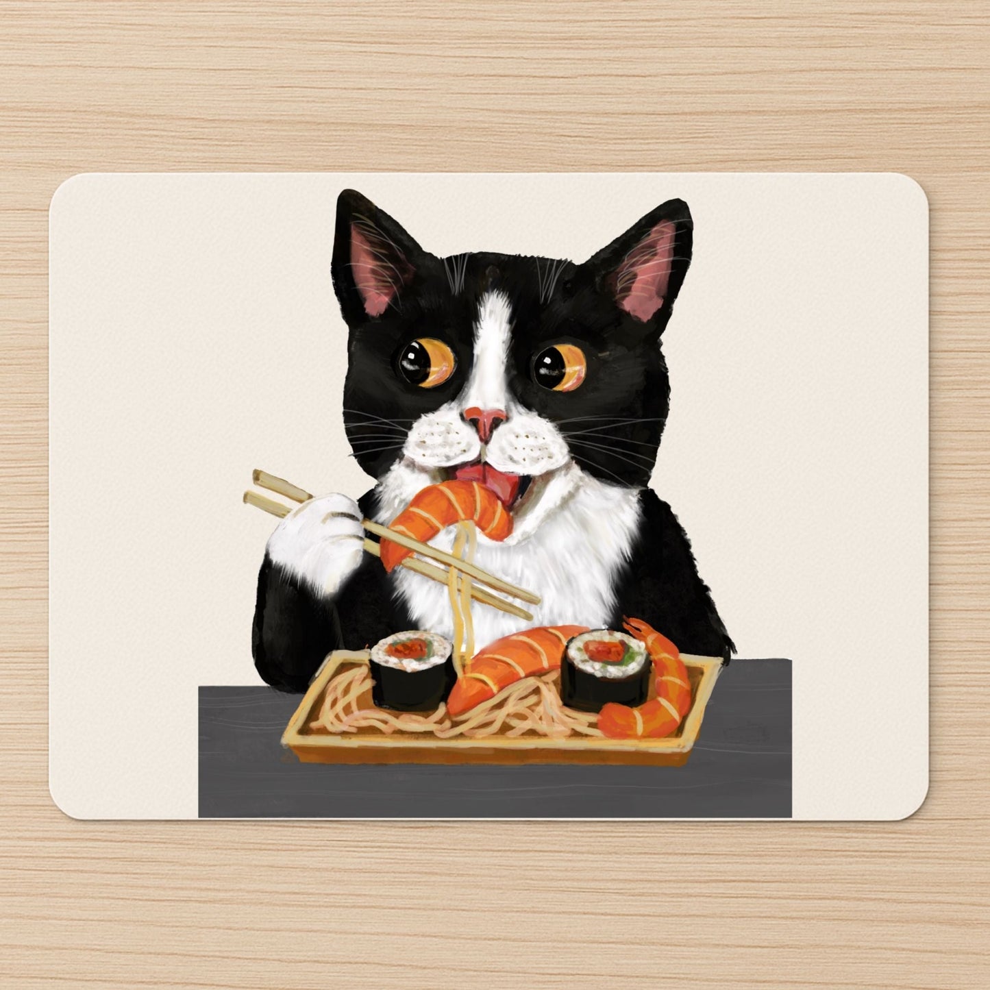 Tuxedo Cat Eating Sushi Mousepad - MerikaArt