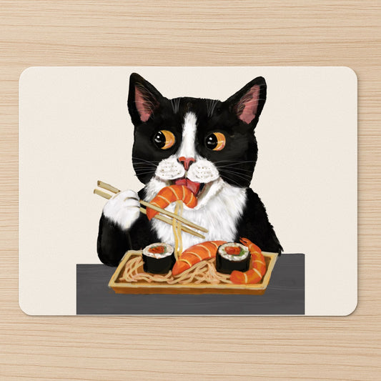 Tuxedo Cat Eating Sushi Mousepad - MerikaArt