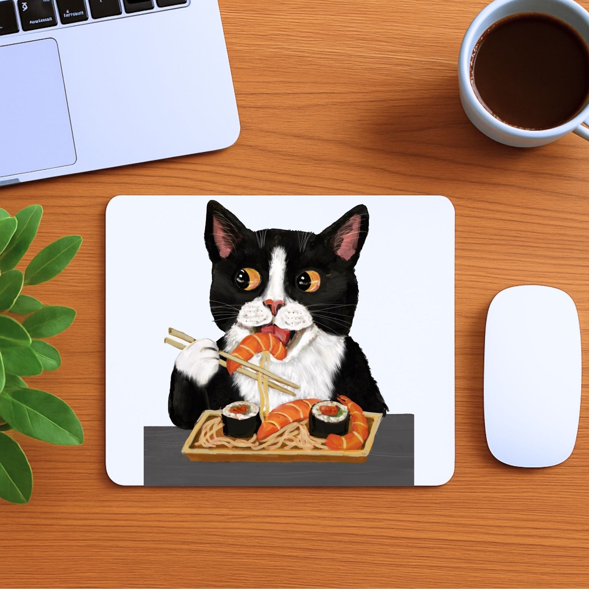 Tuxedo Cat Eating Sushi Mousepad - MerikaArt