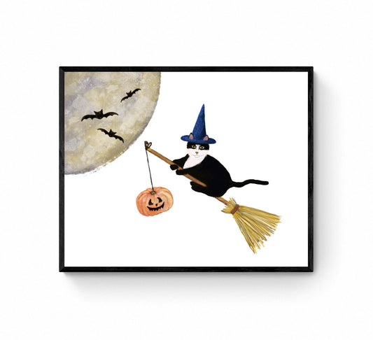 Tuxedo Cat Flying with a Broom Print, Halloween Cat Painting, Black and White Cat Portrait, Holiday Wall Art, Tuxedo Cat Flying with Bats - MerikaArt