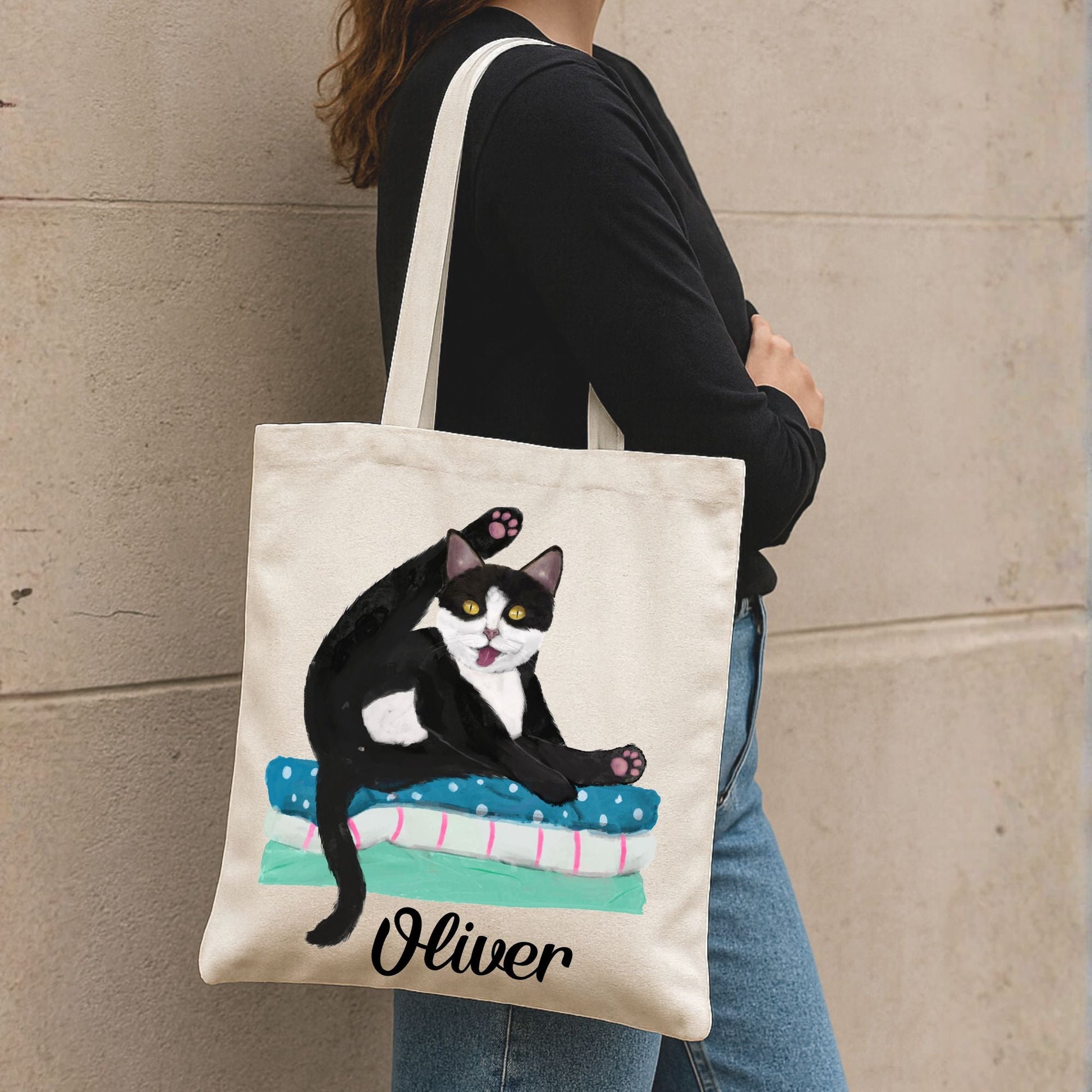 Tuxedo Cat Grooming on Blankets Canvas Tote Bag - MerikaArt