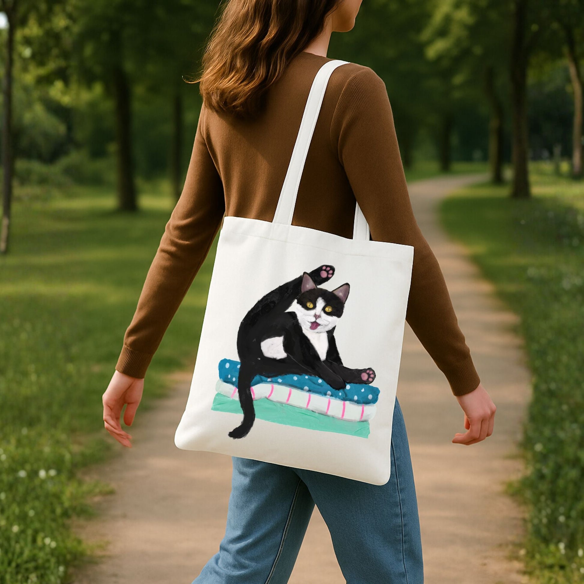 Tuxedo Cat Grooming on Blankets Canvas Tote Bag - MerikaArt