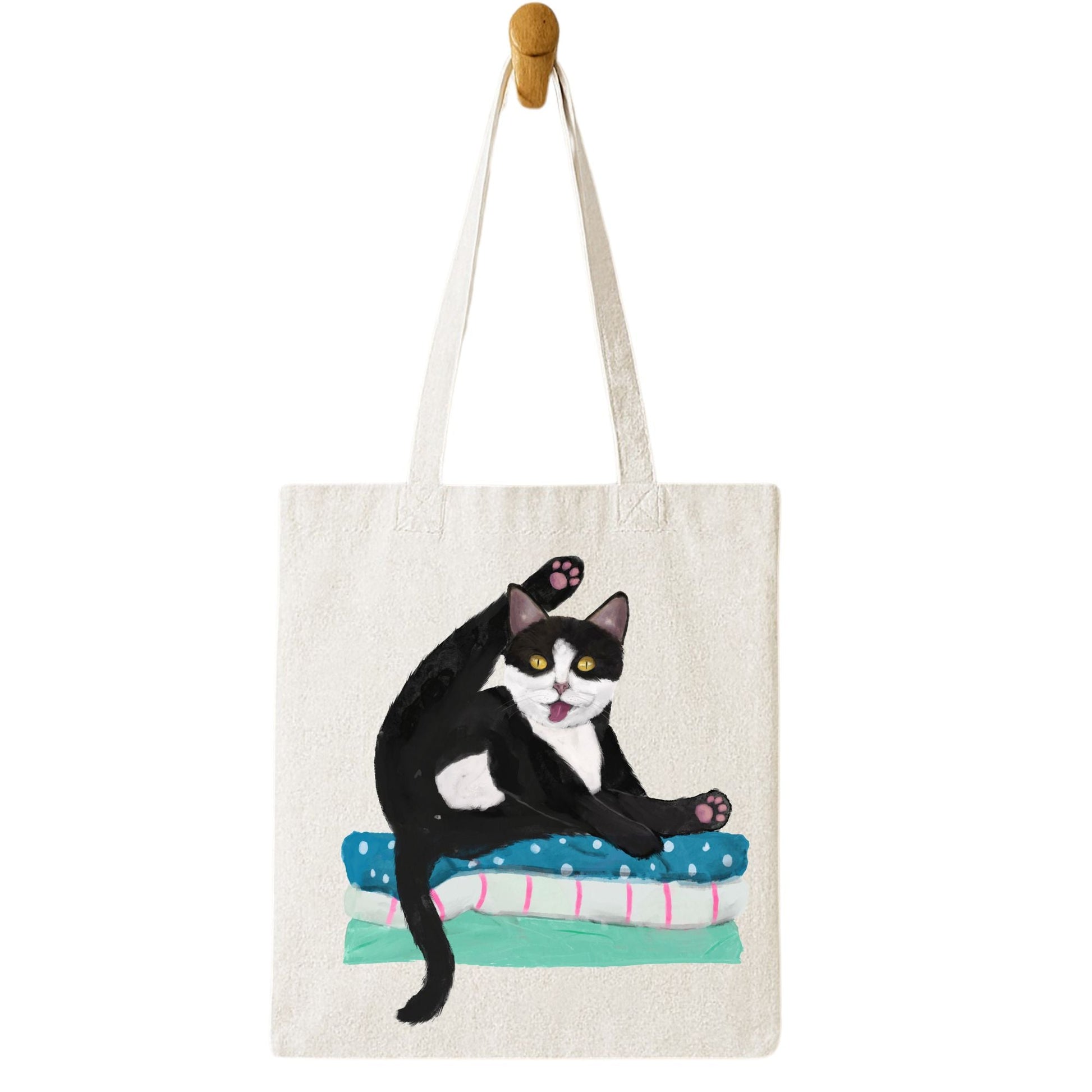 Tuxedo Cat Grooming on Blankets Canvas Tote Bag - MerikaArt