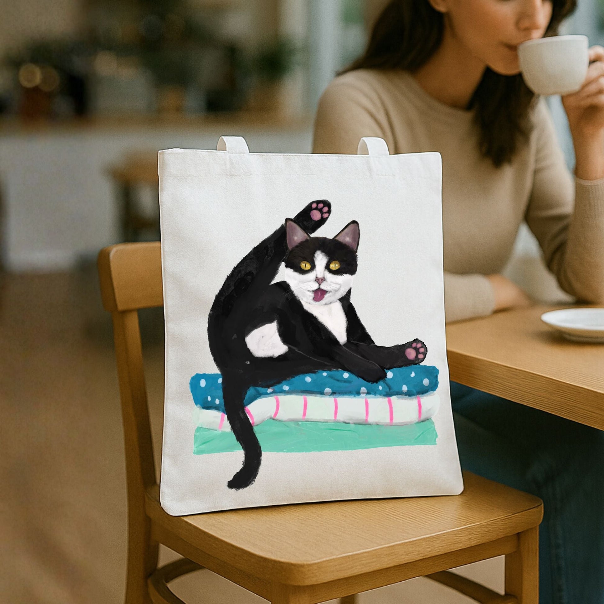 Tuxedo Cat Grooming on Blankets Canvas Tote Bag - MerikaArt