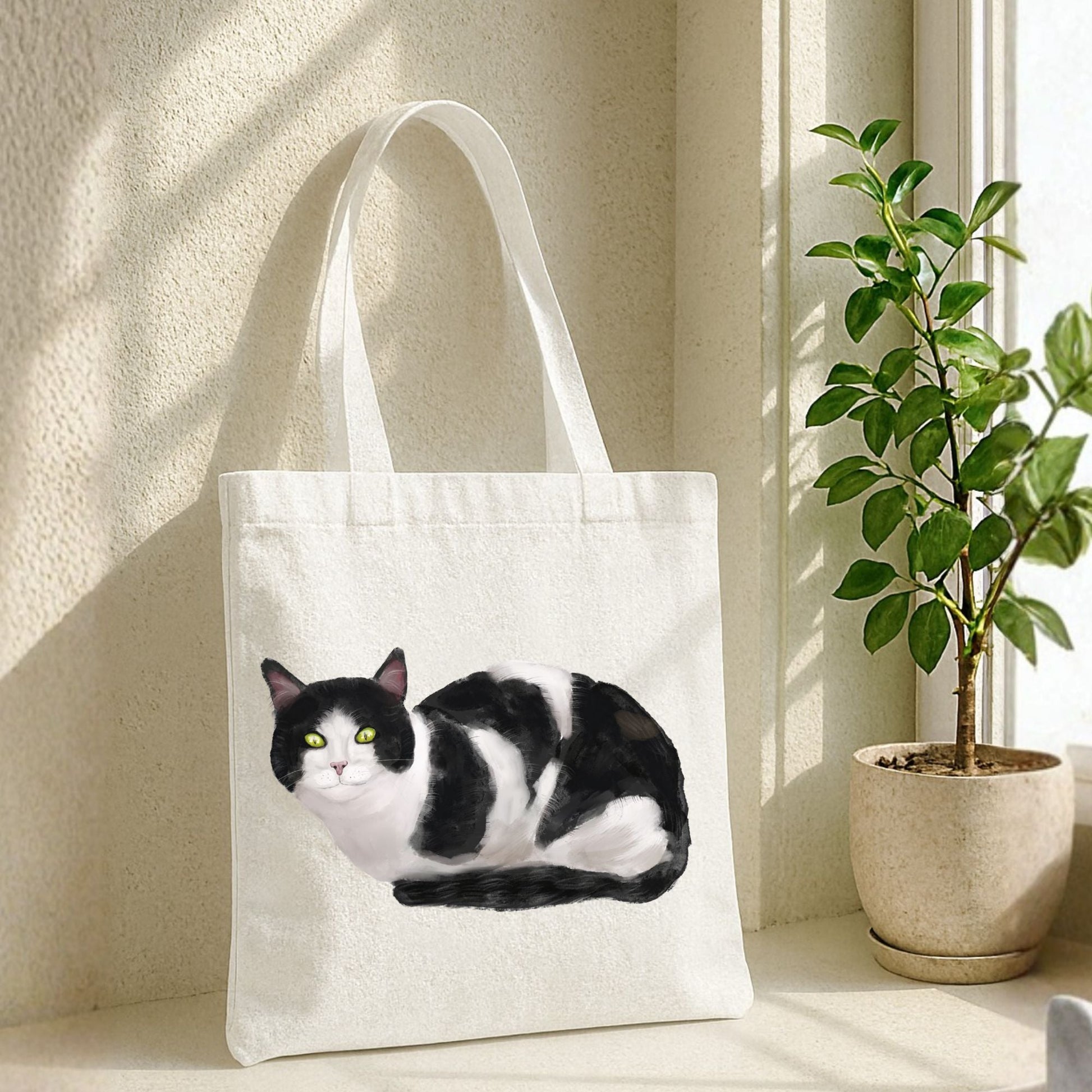 Tuxedo Cat Illustration Canvas Tote Bag - MerikaArt