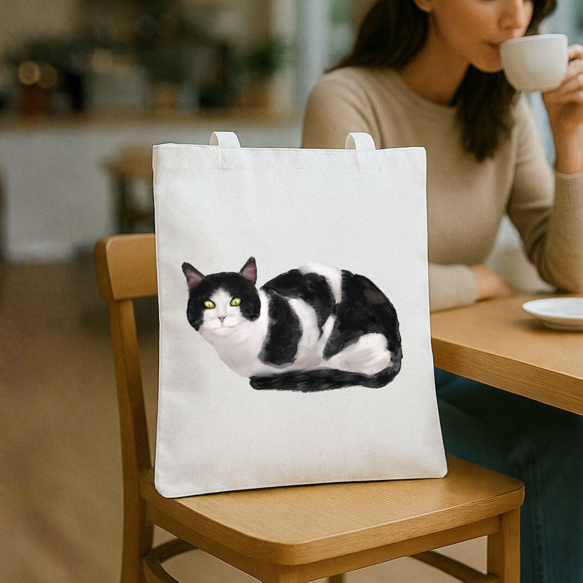 Tuxedo Cat Illustration Canvas Tote Bag - MerikaArt