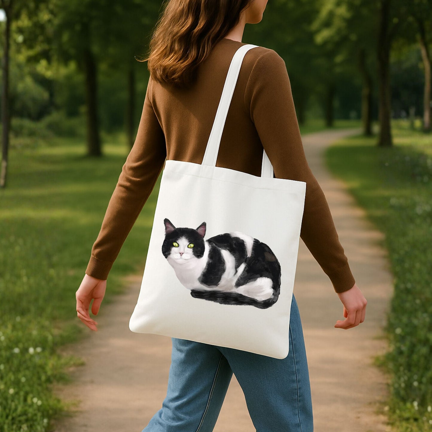 Tuxedo Cat Illustration Canvas Tote Bag - MerikaArt