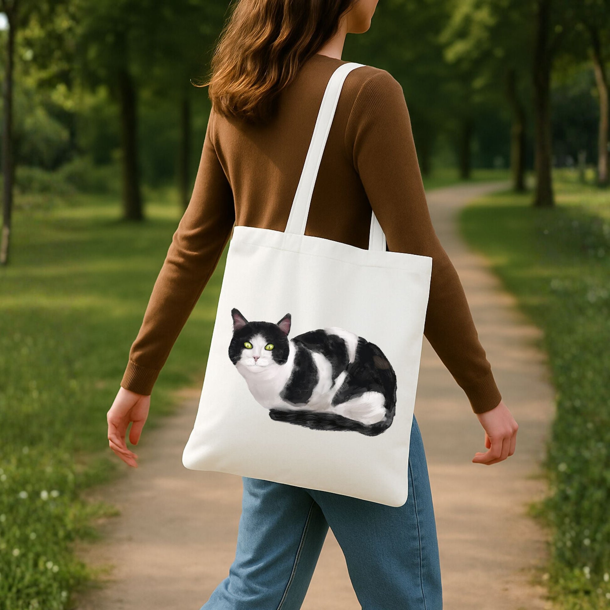 Tuxedo Cat Illustration Canvas Tote Bag - MerikaArt