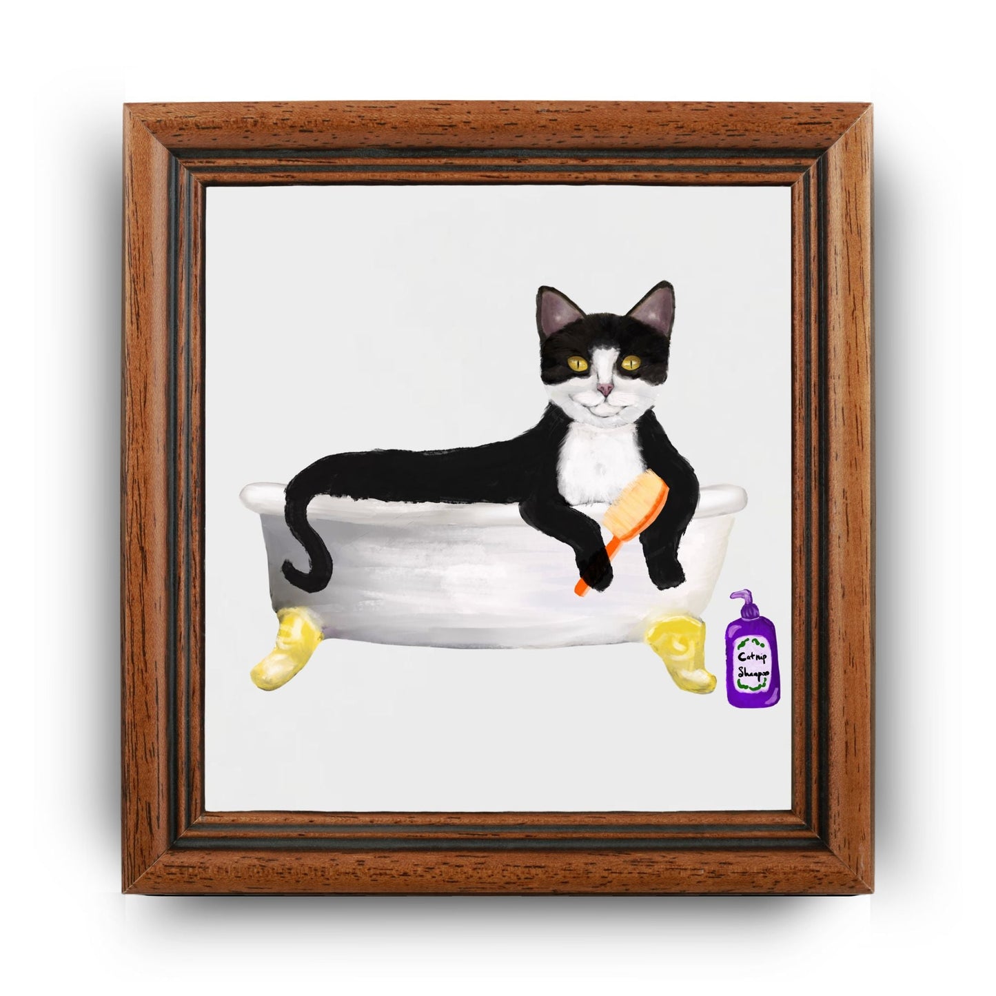 Tuxedo Cat in Bathtub Ceramic Tile – Handcrafted Whimsical Pet Art Decor - MerikaArt