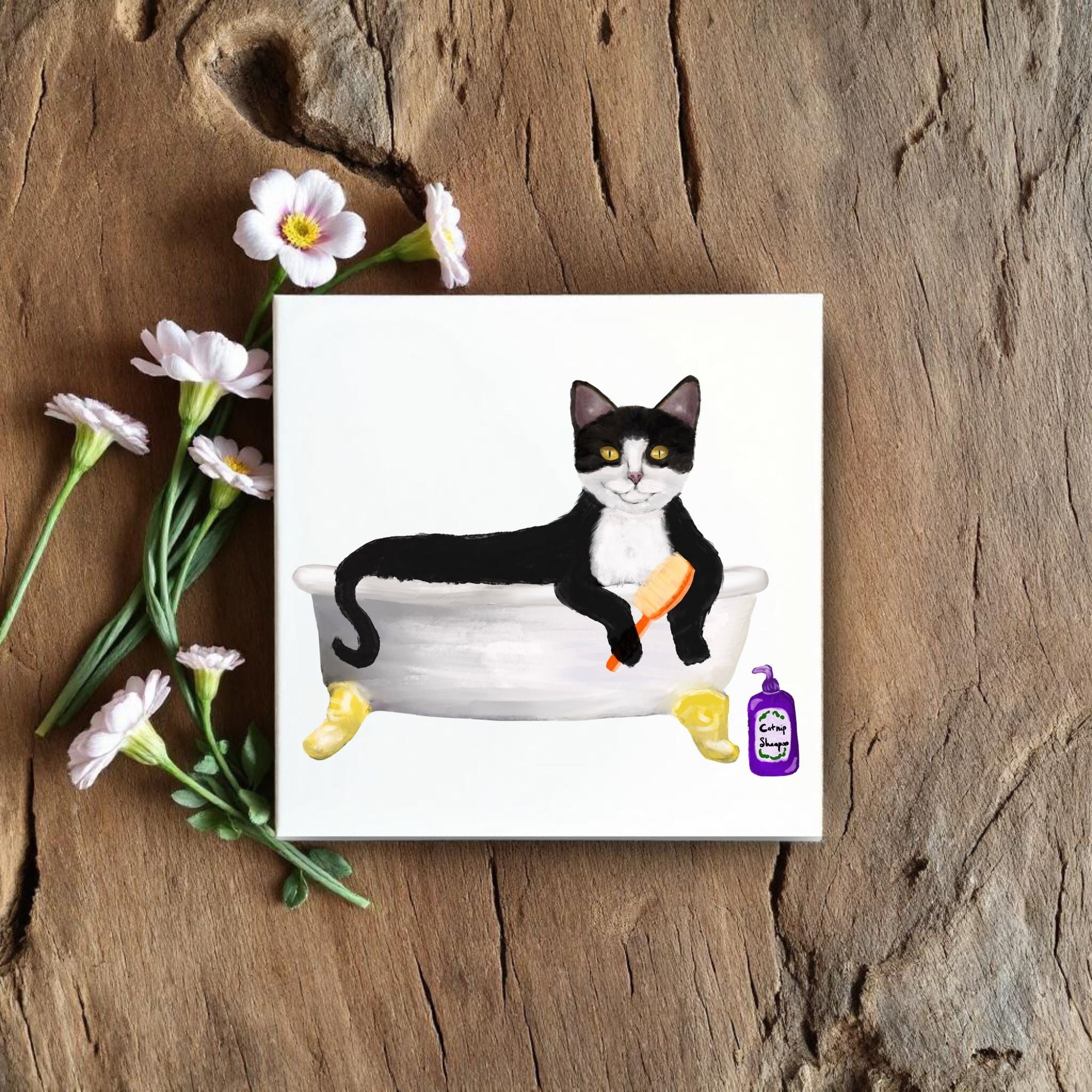 Tuxedo Cat in Bathtub Ceramic Tile – Handcrafted Whimsical Pet Art Decor - MerikaArt