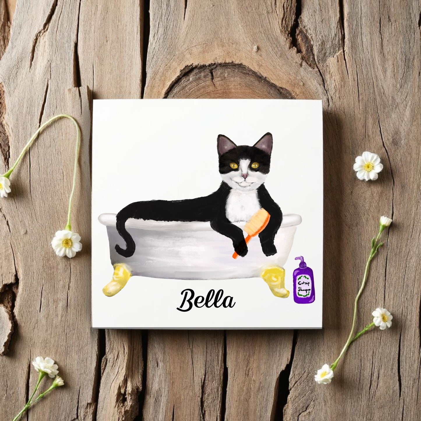 Tuxedo Cat in Bathtub Ceramic Tile – Handcrafted Whimsical Pet Art Decor - MerikaArt