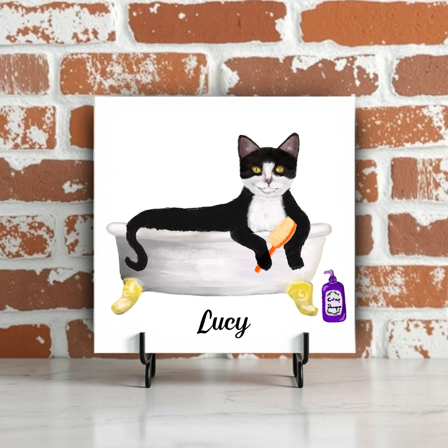 Tuxedo Cat in Bathtub Ceramic Tile – Handcrafted Whimsical Pet Art Decor - MerikaArt