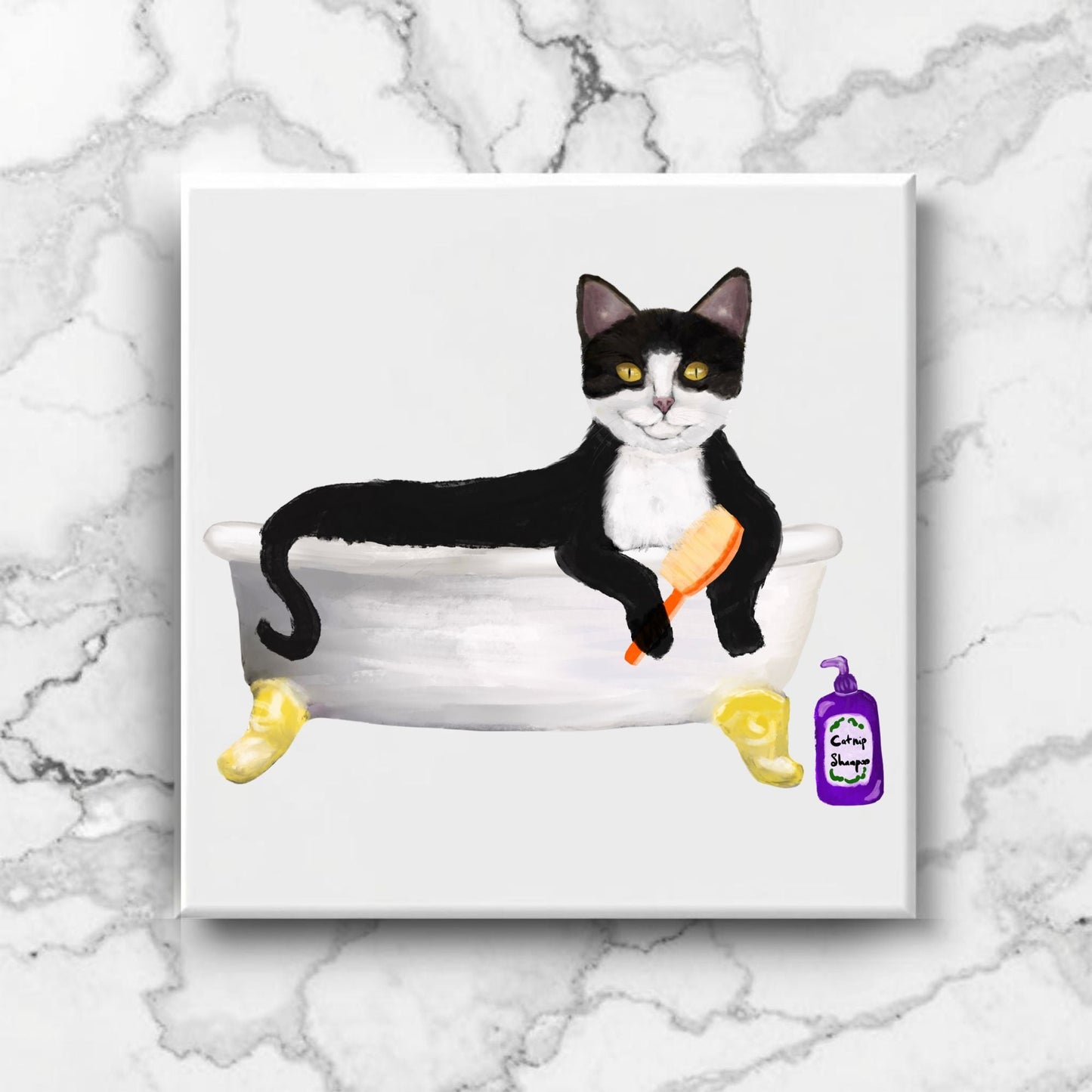 Tuxedo Cat in Bathtub Ceramic Tile – Handcrafted Whimsical Pet Art Decor - MerikaArt