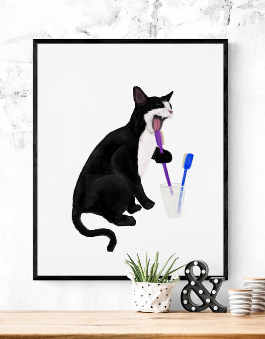 Tuxedo Cat Licking Toothbrush, Black and White Cat Brushing Teeth, Bathroom Art, Bathroom Cat Painting, Cat In Bath Print, Cat Lover Gift - MerikaArt