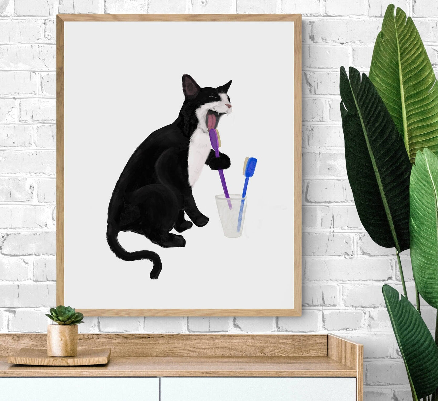 Tuxedo Cat Licking Toothbrush, Black and White Cat Brushing Teeth, Bathroom Art, Bathroom Cat Painting, Cat In Bath Print, Cat Lover Gift - MerikaArt