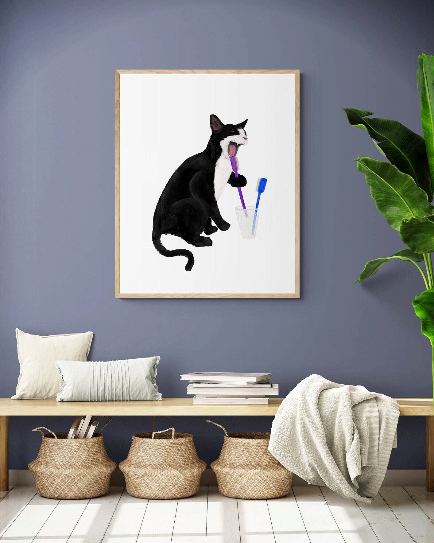 Tuxedo Cat Licking Toothbrush, Black and White Cat Brushing Teeth, Bathroom Art, Bathroom Cat Painting, Cat In Bath Print, Cat Lover Gift - MerikaArt