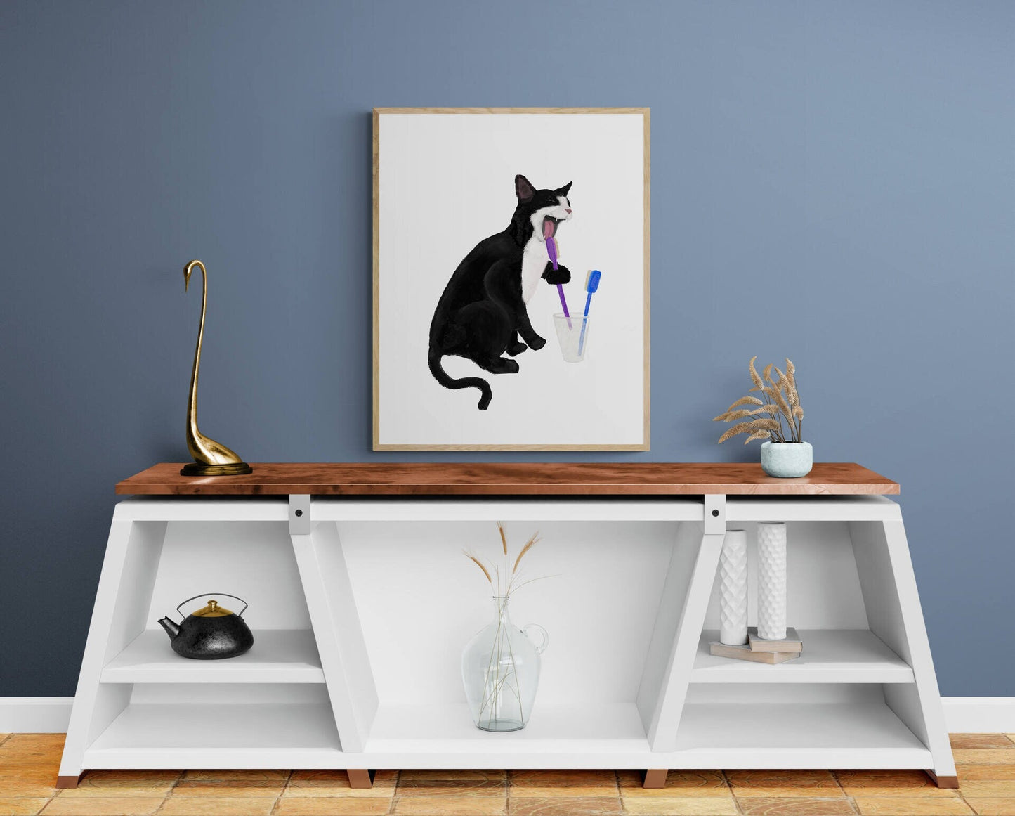 Tuxedo Cat Licking Toothbrush, Black and White Cat Brushing Teeth, Bathroom Art, Bathroom Cat Painting, Cat In Bath Print, Cat Lover Gift - MerikaArt