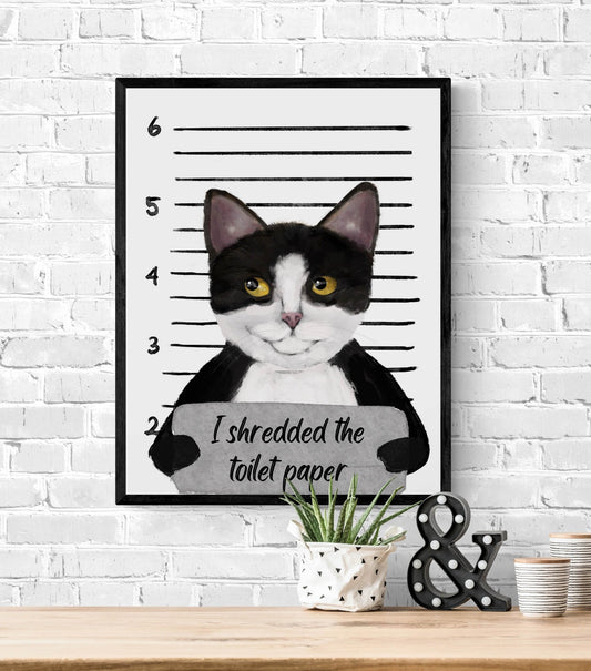 Tuxedo Cat Mug Shot Print, Tuxedo Cat in Prison Artwork, Bathroom Painting, Cat Shredded Toilet Paper Print, Cat Lover Gift, Funny Cat Gift - MerikaArt