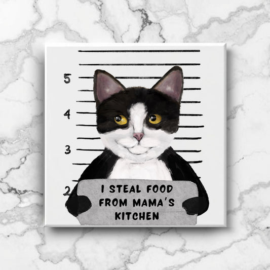 Tuxedo Cat Mugshot Ceramic Tile - MerikaArt