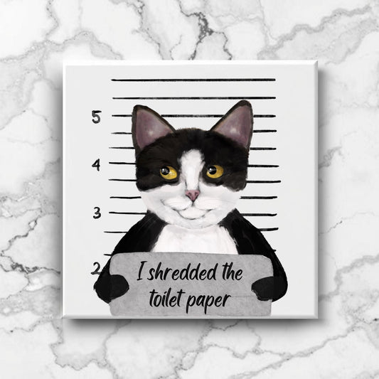 Tuxedo Cat Mugshot Ceramic Tile – Handcrafted Whimsical Pet Art Decor - MerikaArt