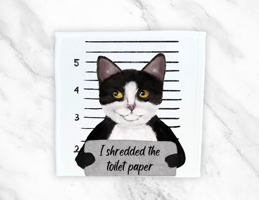 Tuxedo Cat Mugshot Washcloth | "I Shredded the Toilet Paper" - MerikaArt