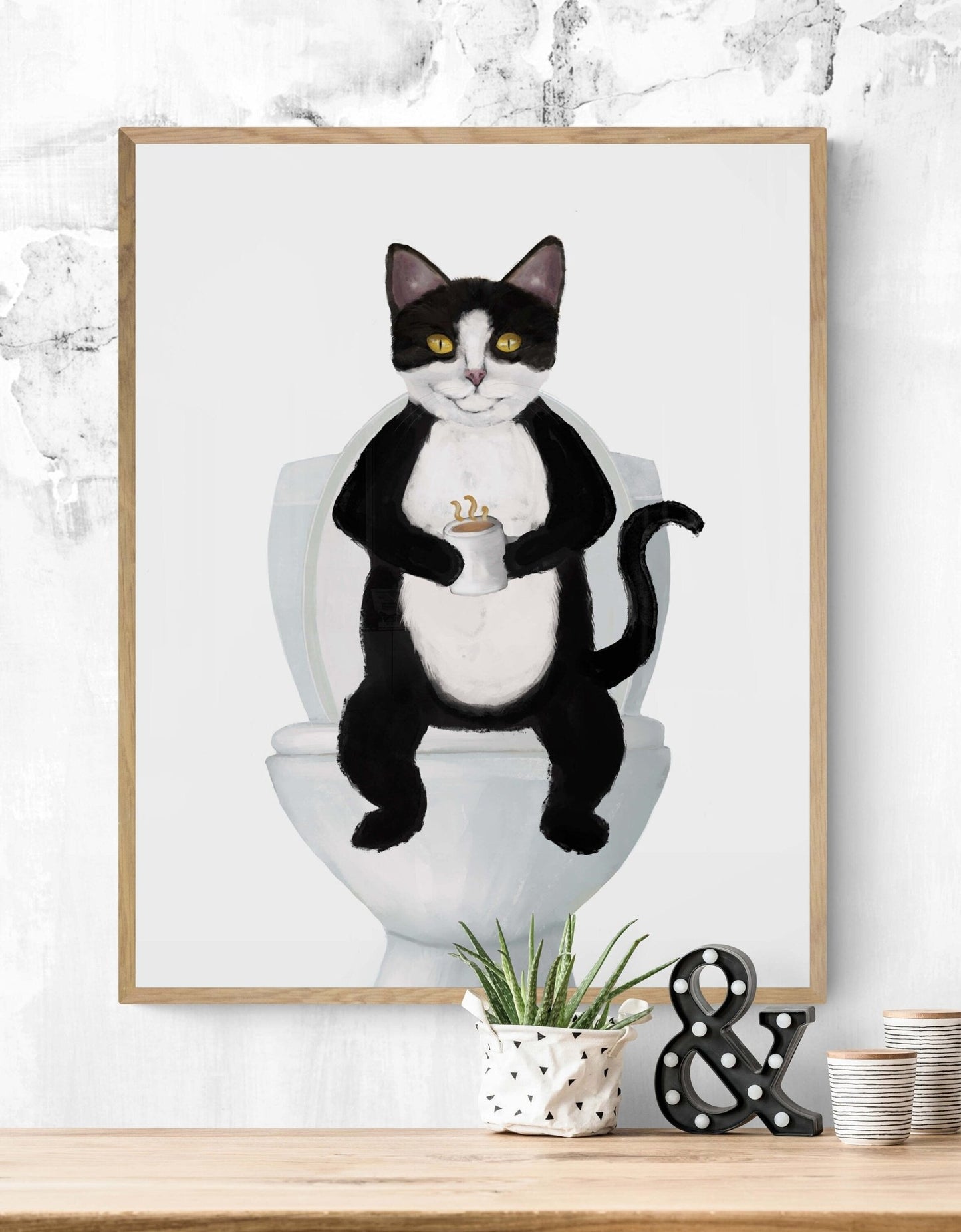 Tuxedo Cat On Toilet Print, Black and White Cat On Toilet Art, Bathroom Art, Bathroom Cat Painting, Cat On Toilet Print, Cat Lover Gift - MerikaArt