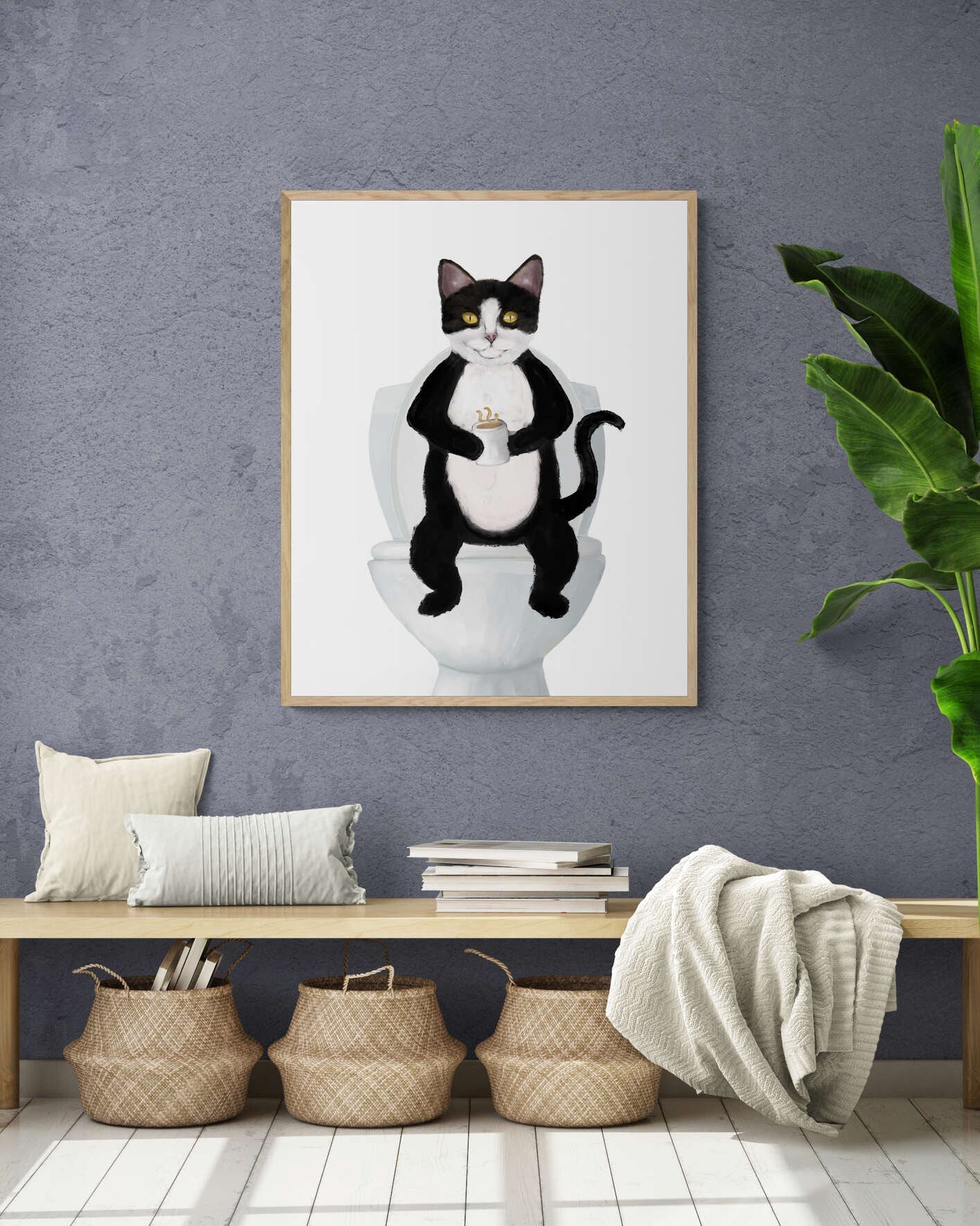 Tuxedo Cat On Toilet Print, Black and White Cat On Toilet Art, Bathroom Art, Bathroom Cat Painting, Cat On Toilet Print, Cat Lover Gift - MerikaArt