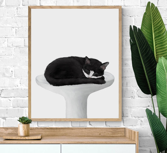 Tuxedo Cat Sleeping In Sink Art, Black and White Cat In Bath Print, Kitten Art, Cat Illustration, Home Decor, Spa Cat Painting, Cat Lover - MerikaArt