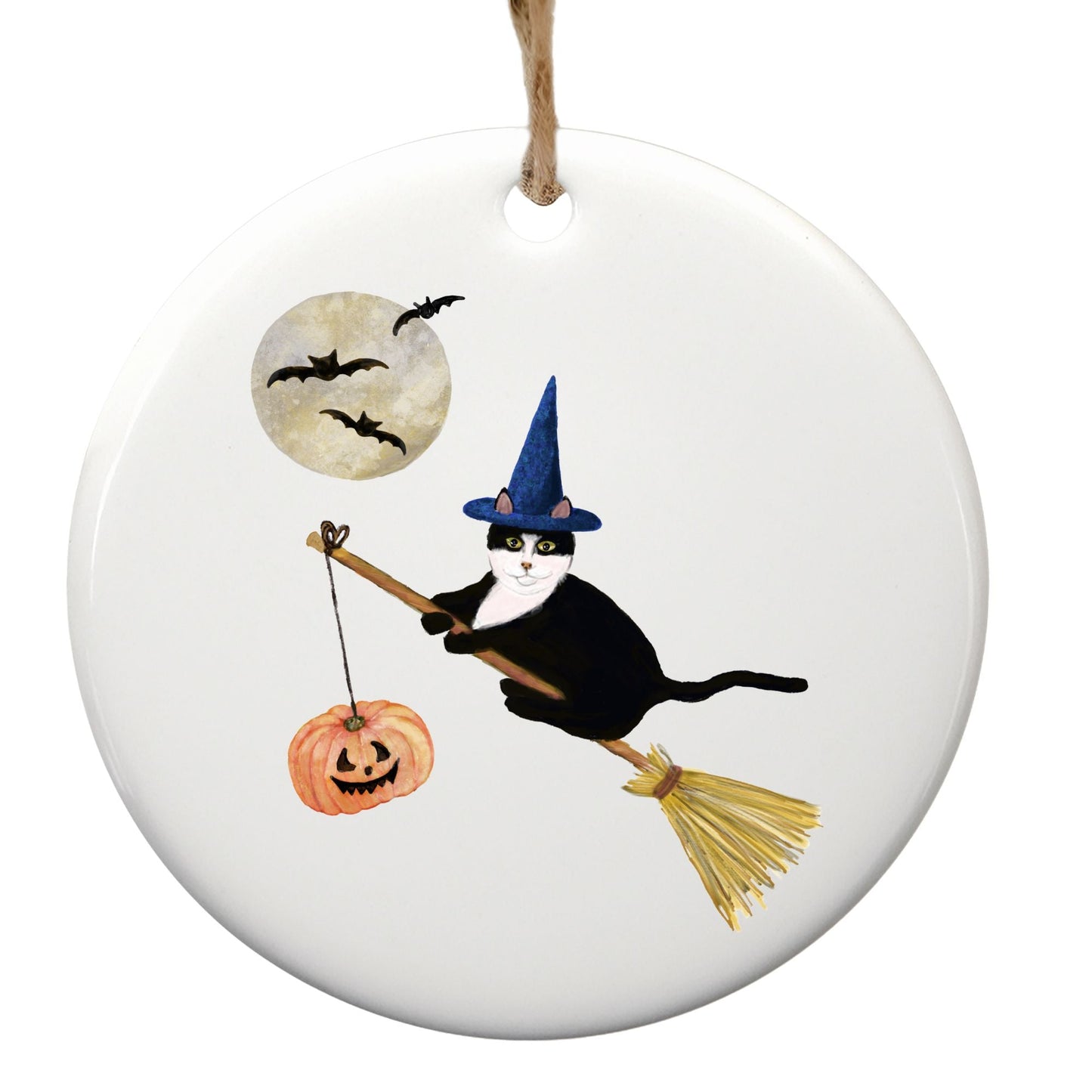Tuxedo Cat Witch Ceramic Ornament - MerikaArt