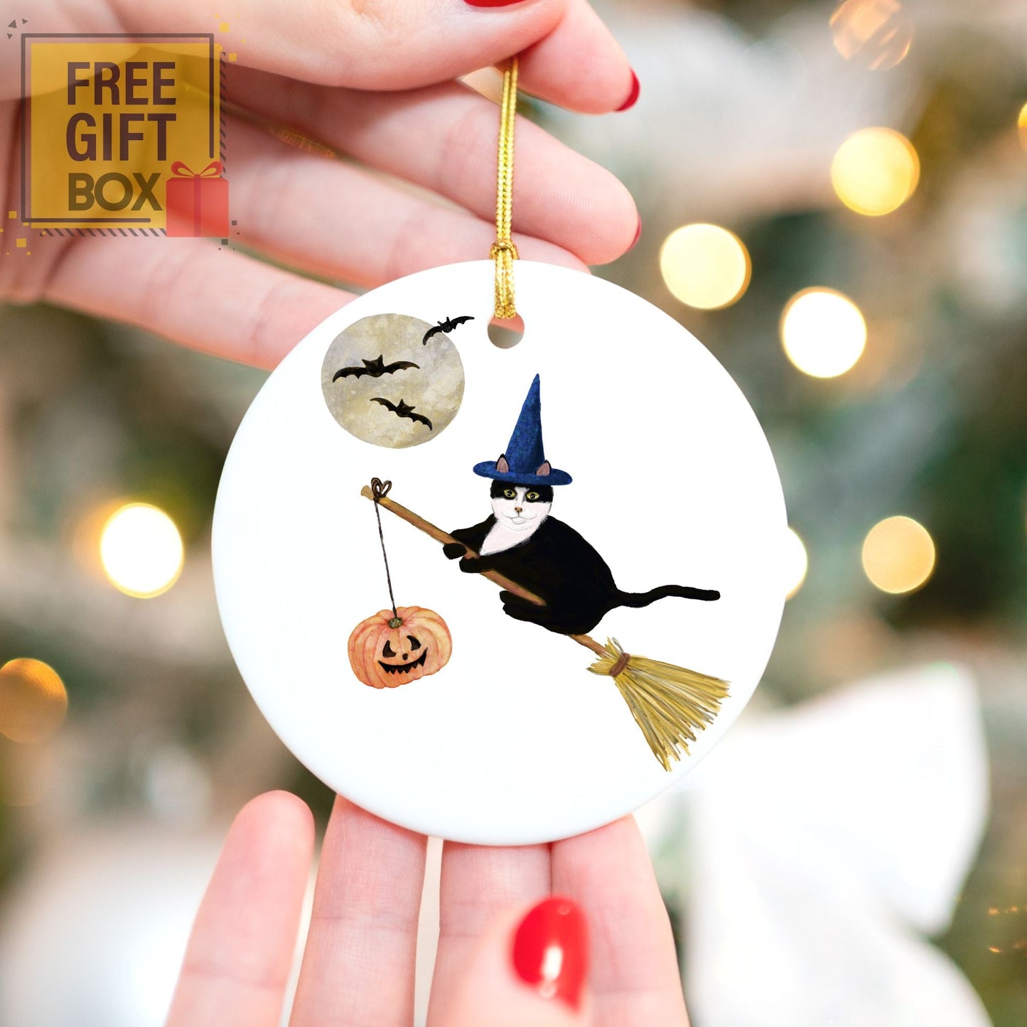 Tuxedo Cat Witch Ceramic Ornament - MerikaArt