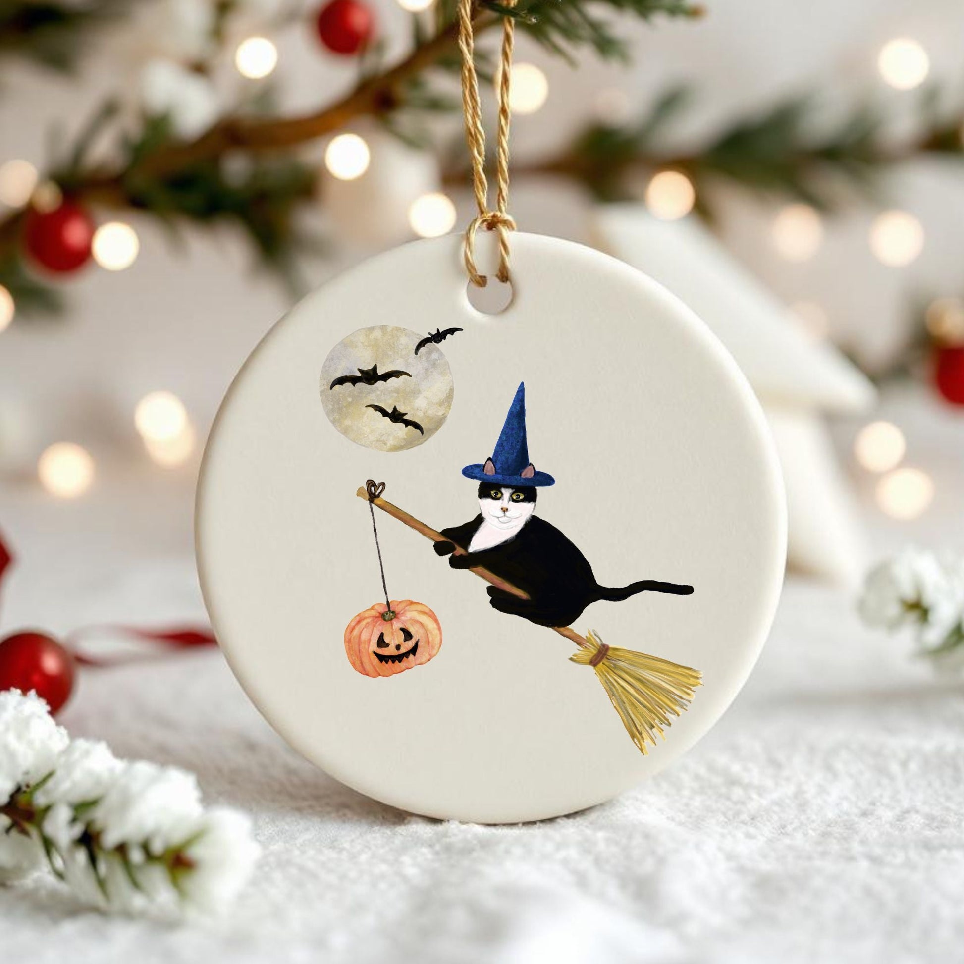 Tuxedo Cat Witch Ceramic Ornament - MerikaArt
