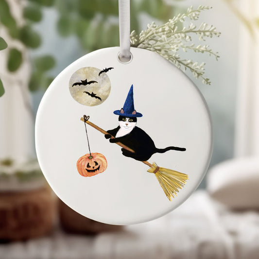 Tuxedo Cat Witch Ceramic Ornament - MerikaArt