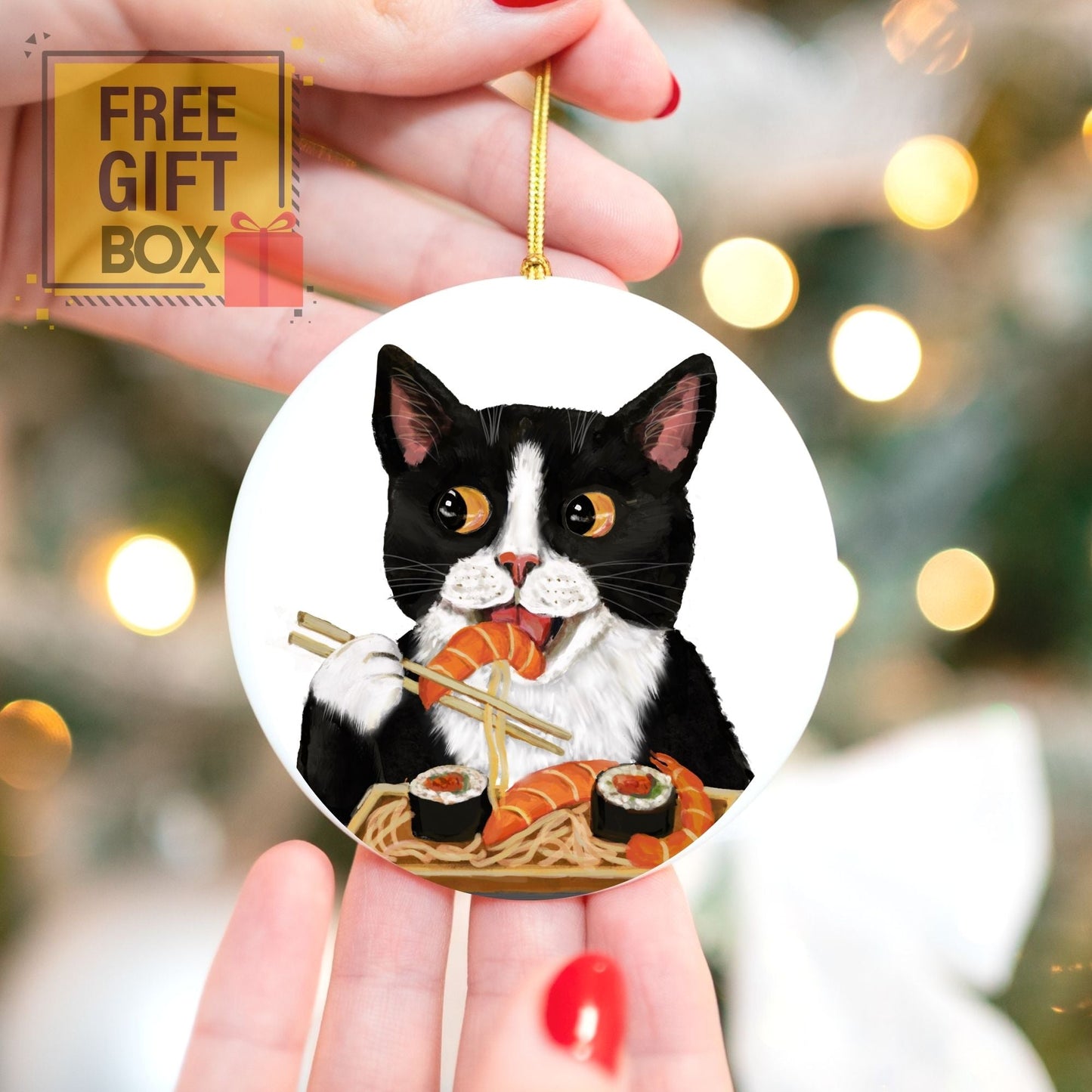Tuxedo Cat with Sushi Ornament - MerikaArt