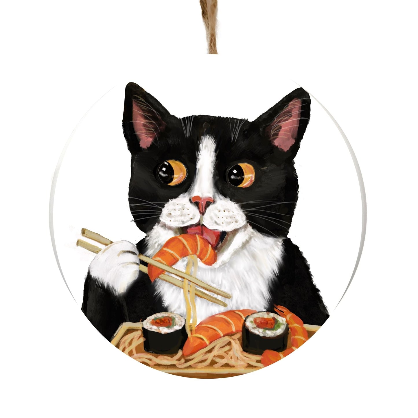 Tuxedo Cat with Sushi Ornament - MerikaArt