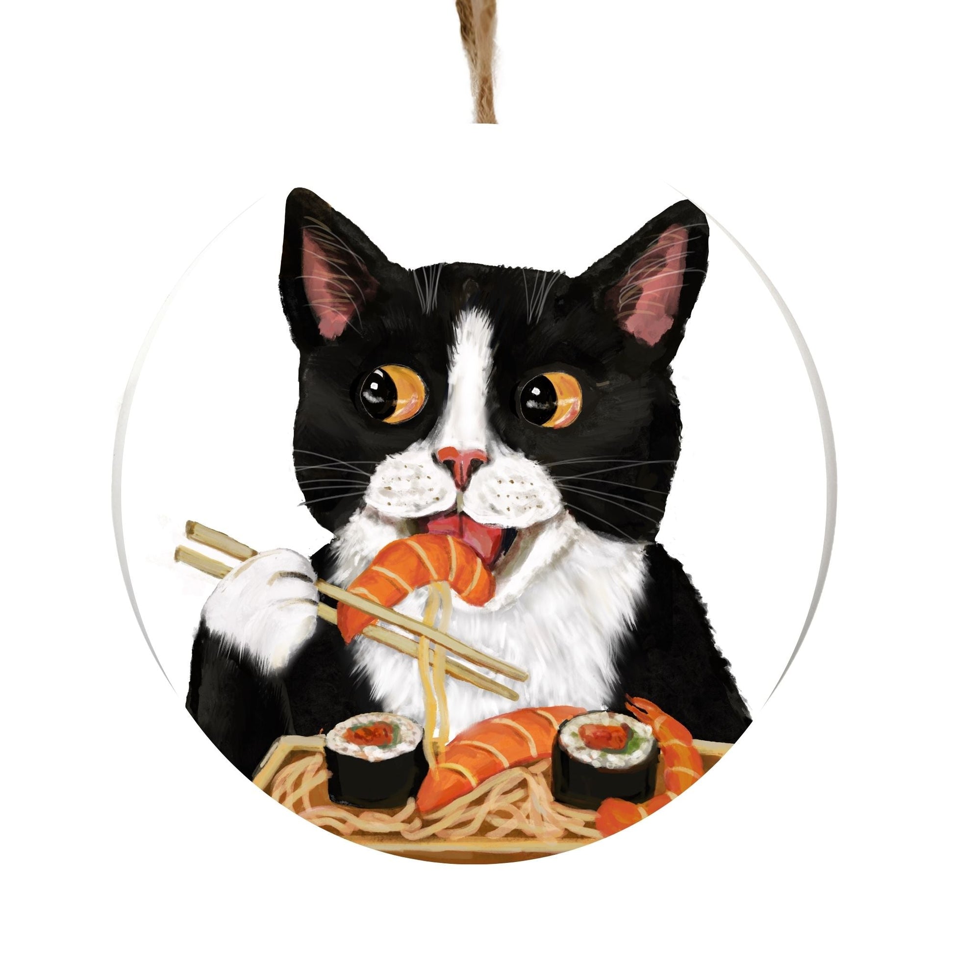 Tuxedo Cat with Sushi Ornament - MerikaArt