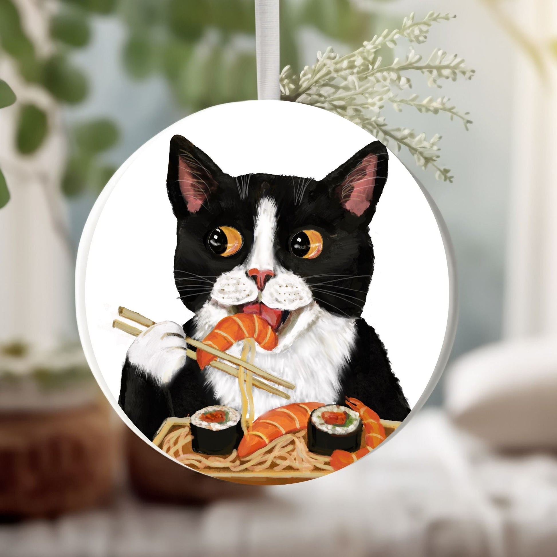 Tuxedo Cat with Sushi Ornament - MerikaArt