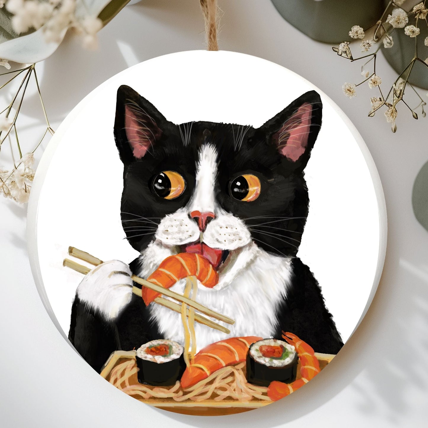Tuxedo Cat with Sushi Ornament - MerikaArt