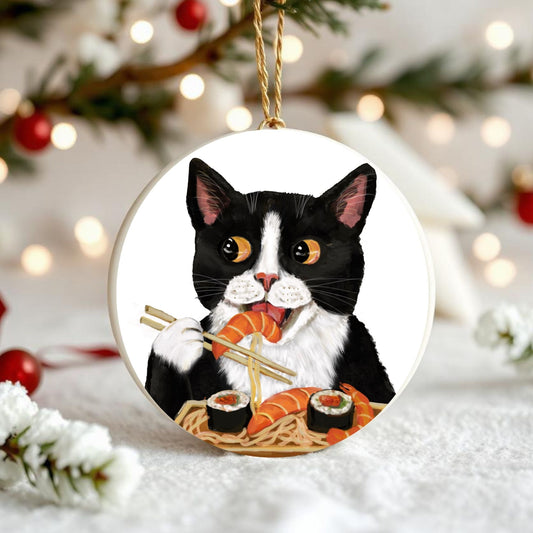 Tuxedo Cat with Sushi Ornament - MerikaArt