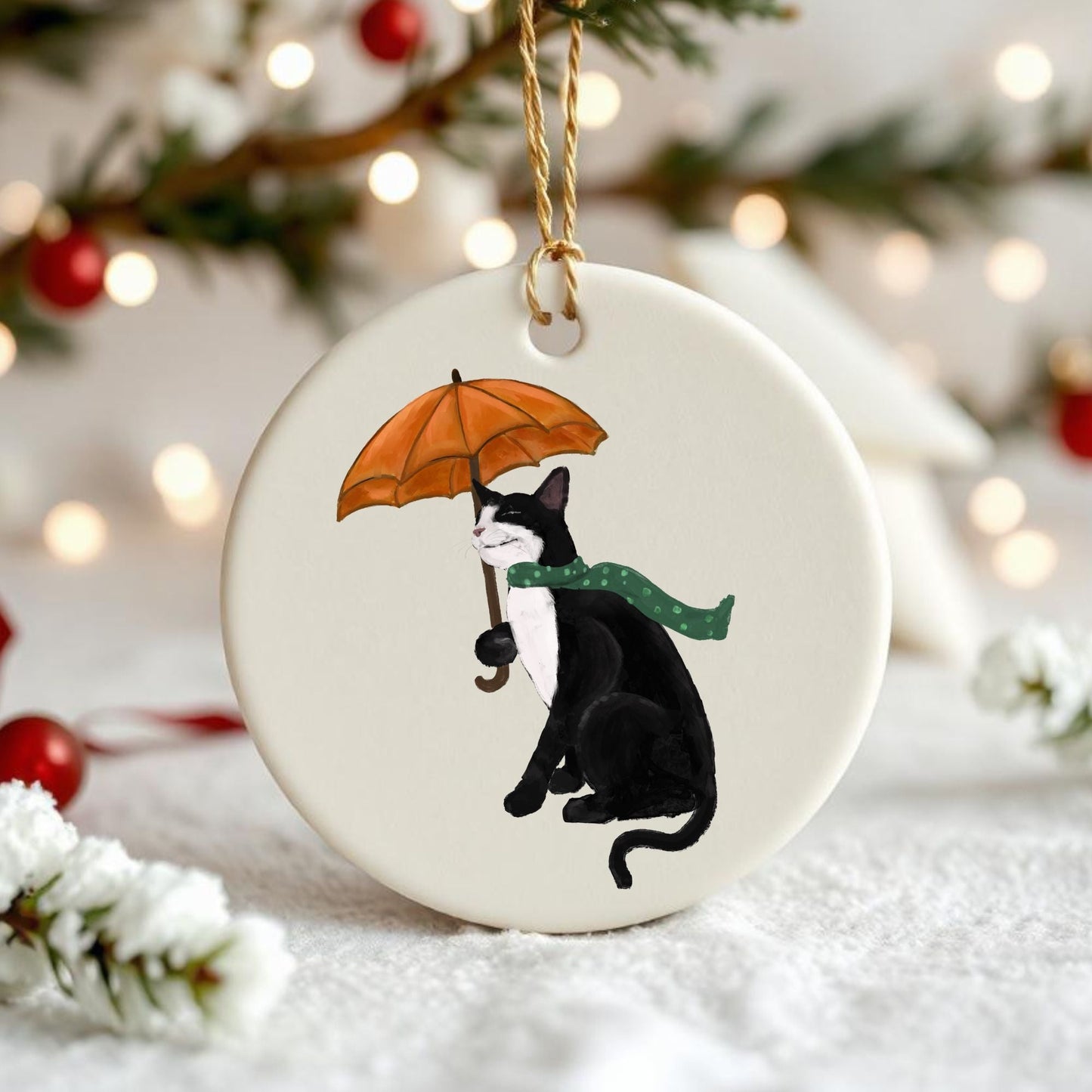 Tuxedo Cat with Umbrella Ceramic Ornament - MerikaArt
