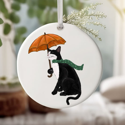 Tuxedo Cat with Umbrella Ceramic Ornament - MerikaArt