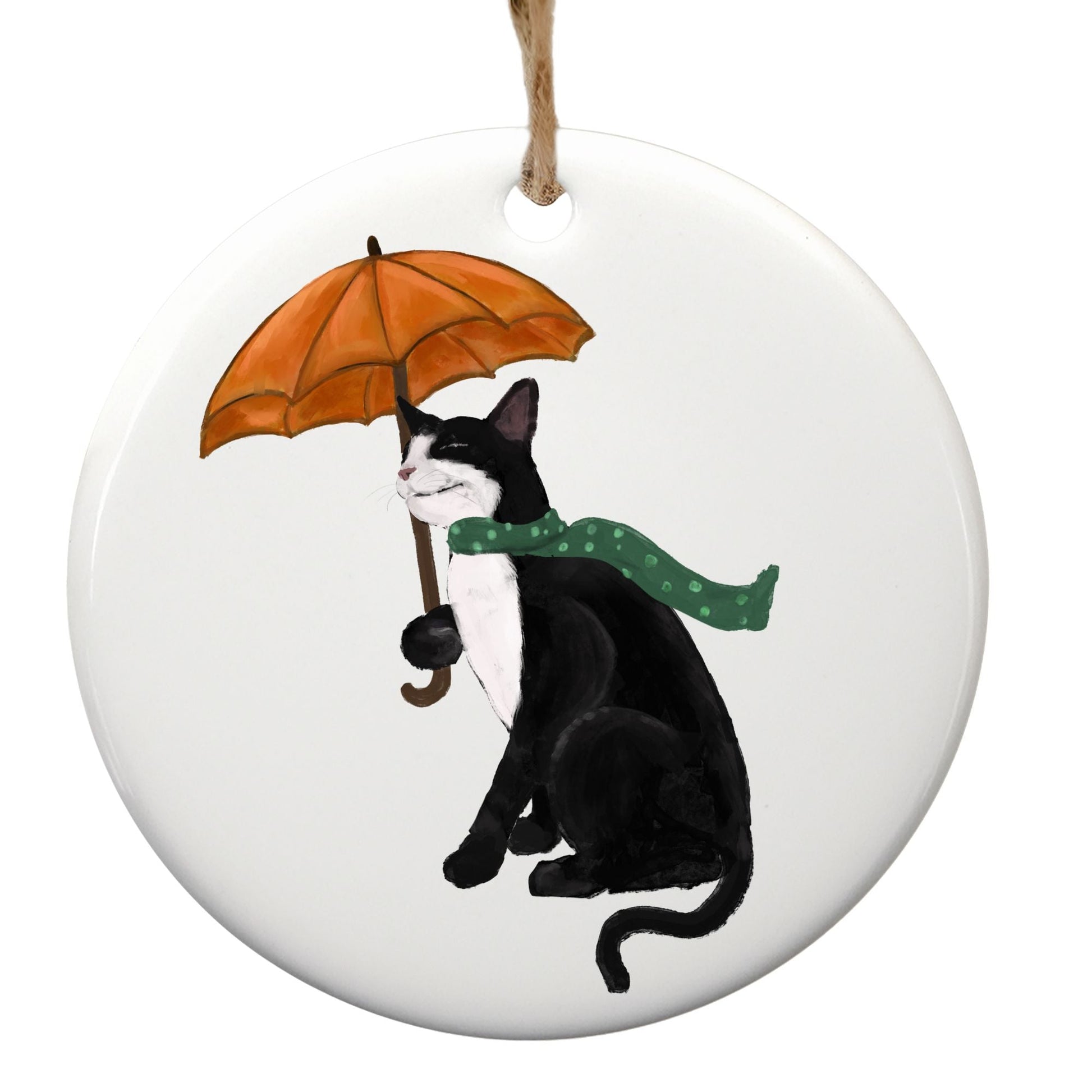 Tuxedo Cat with Umbrella Ceramic Ornament - MerikaArt