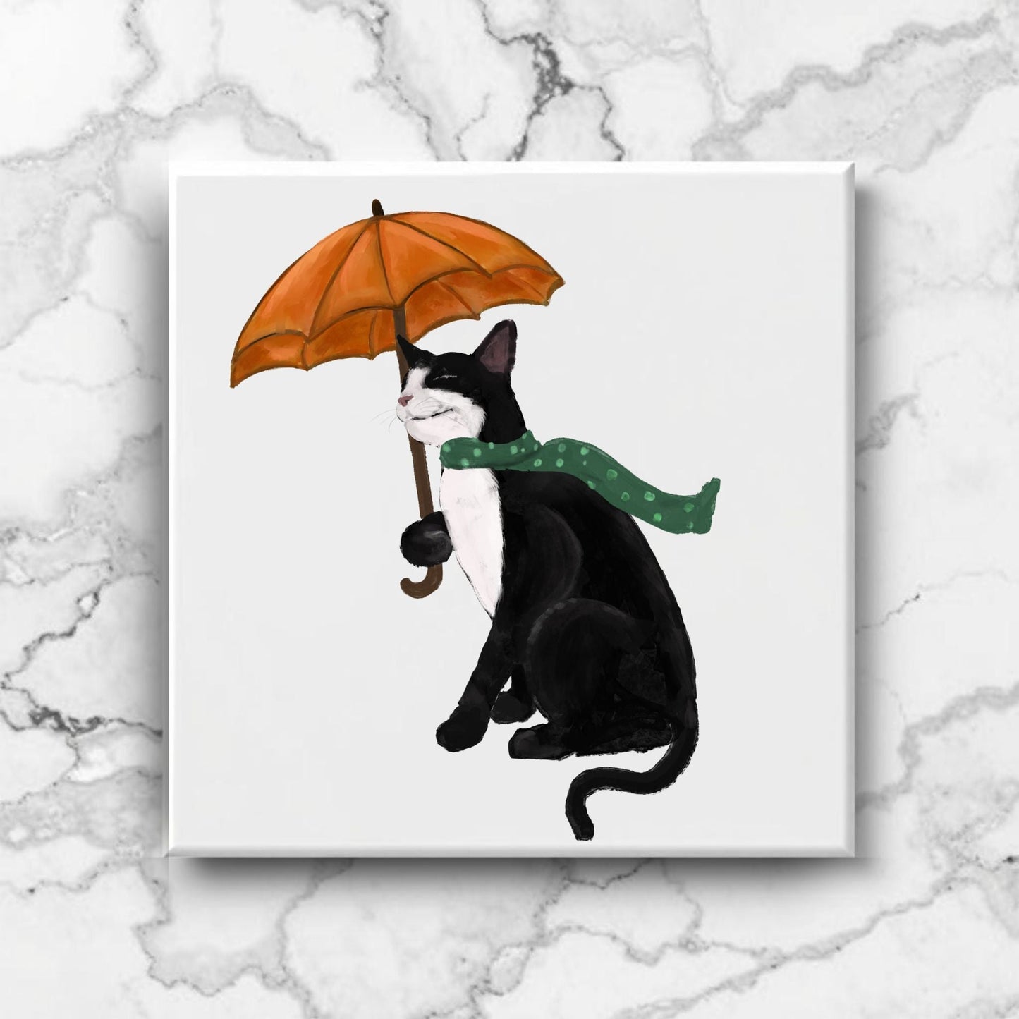 Tuxedo Cat with Umbrella Ceramic Tile - MerikaArt