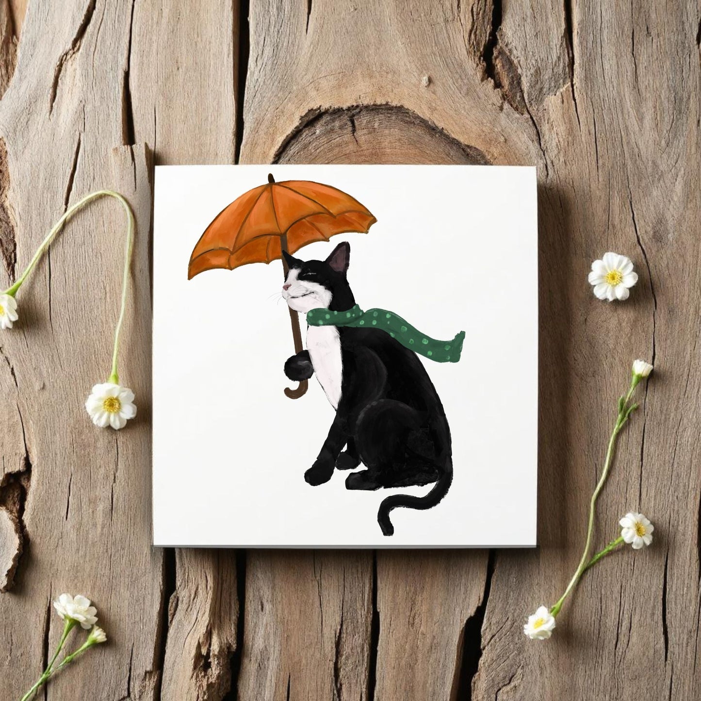 Tuxedo Cat with Umbrella Ceramic Tile - MerikaArt